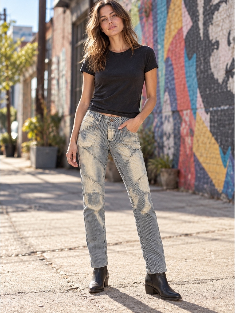 Free People Railroad Stripe Bleached Jeans W27 Low Rise Paneled